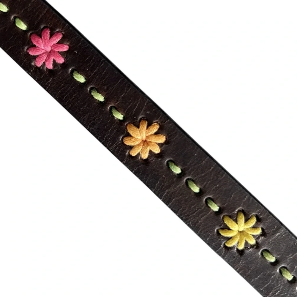 DOCKERS Dark Brown Leather Belt Embroidered Daisy Boho Y2K Women's L 42